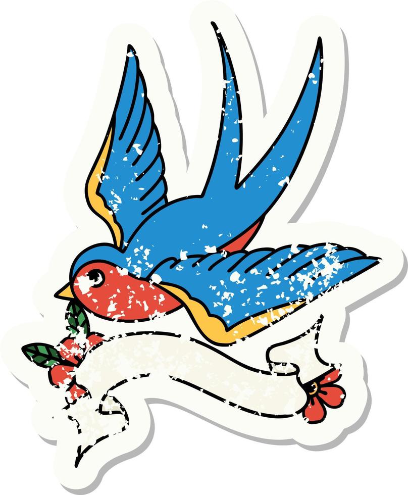 worn old sticker with banner of a swallow vector