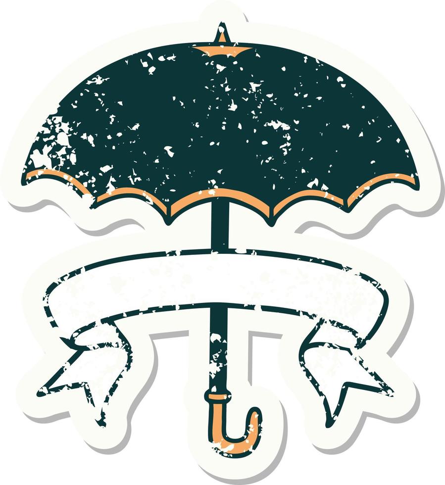 worn old sticker with banner of an umbrella vector