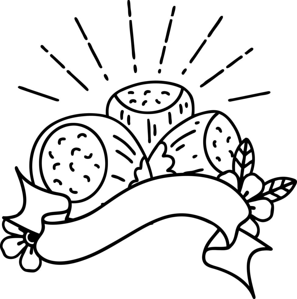 scroll banner with black line work tattoo style hazelnuts vector