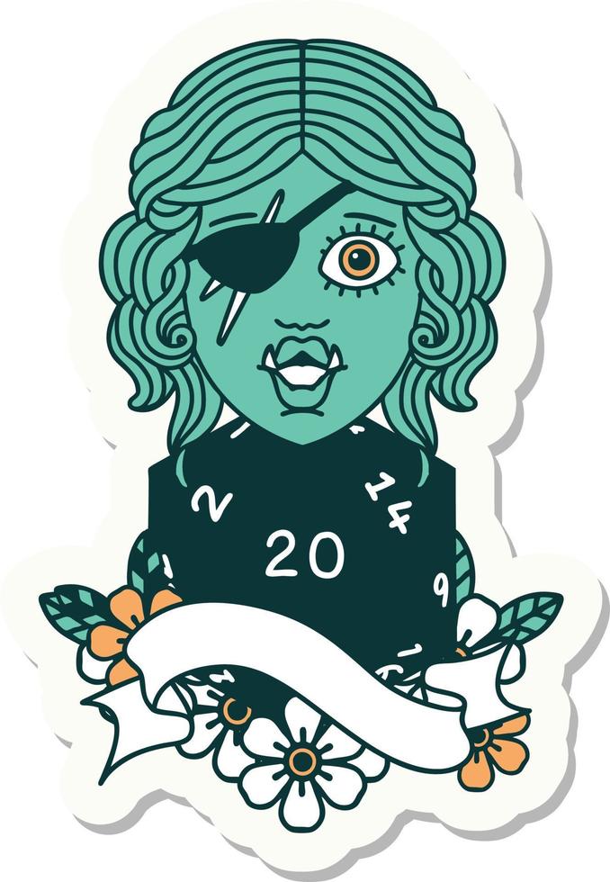sticker of a half orc rogue with natural twenty dice roll vector