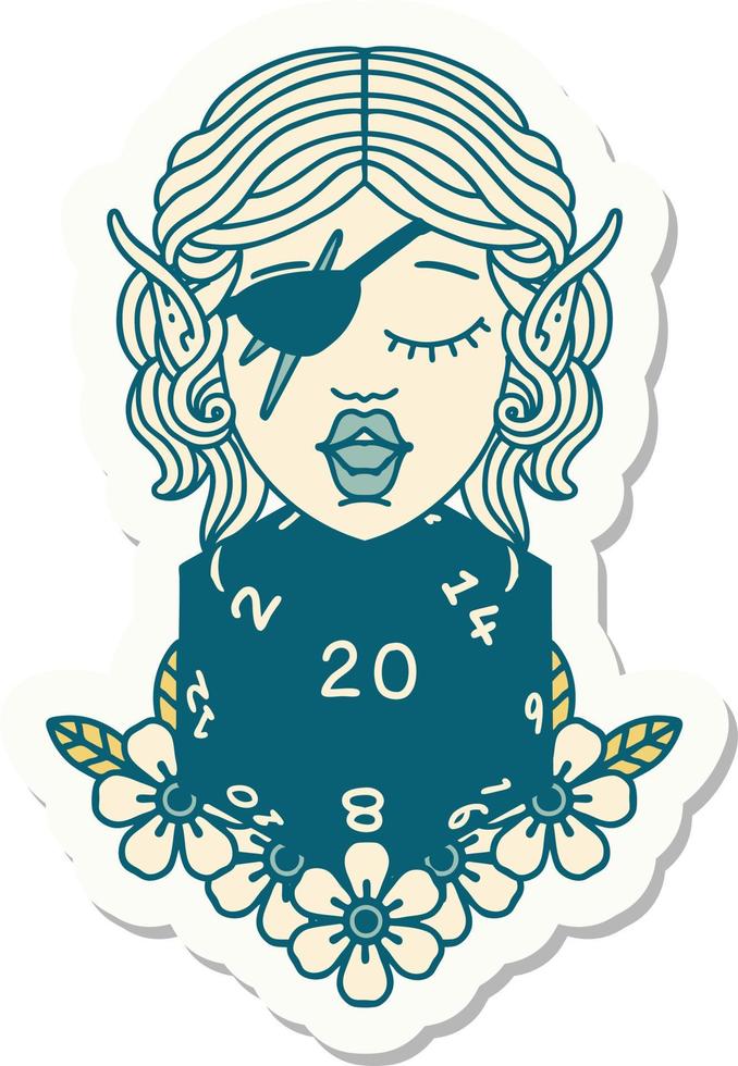 sticker of a elf rogue character with natural twenty dice roll vector