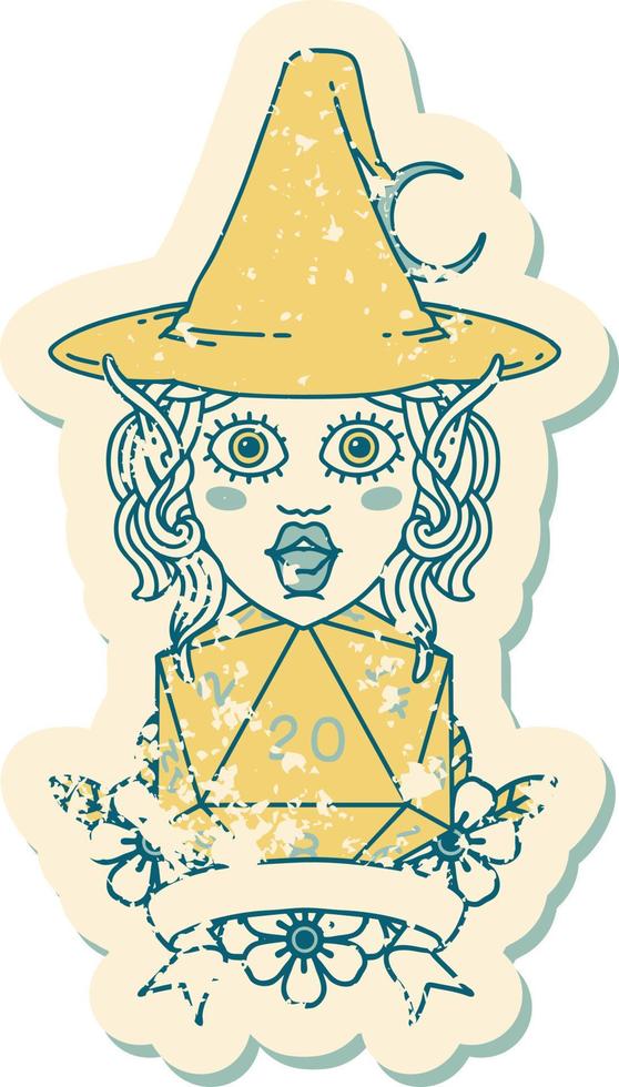 Retro Tattoo Style elf mage character with natural twenty dice roll vector