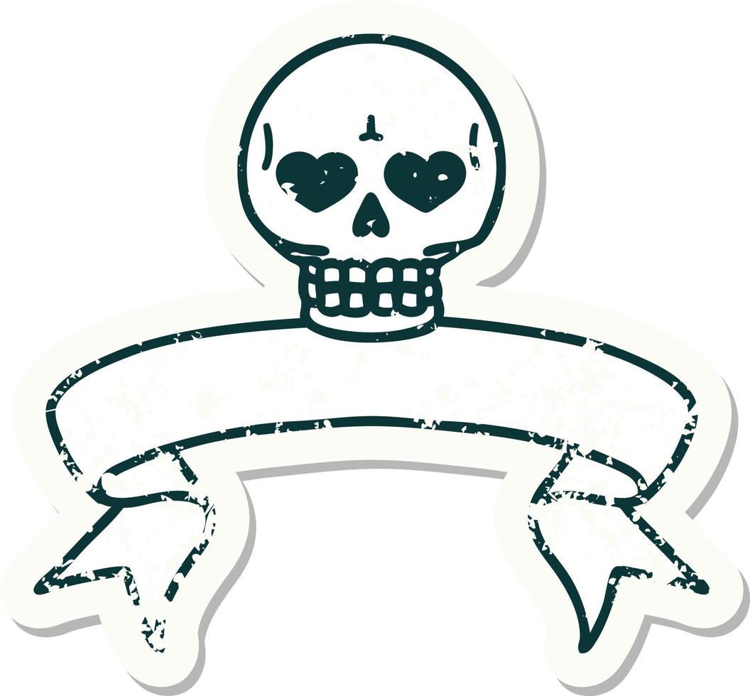 worn old sticker with banner of a skull vector