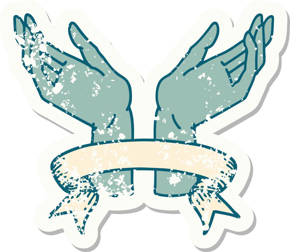 worn old sticker with banner of open hands vector