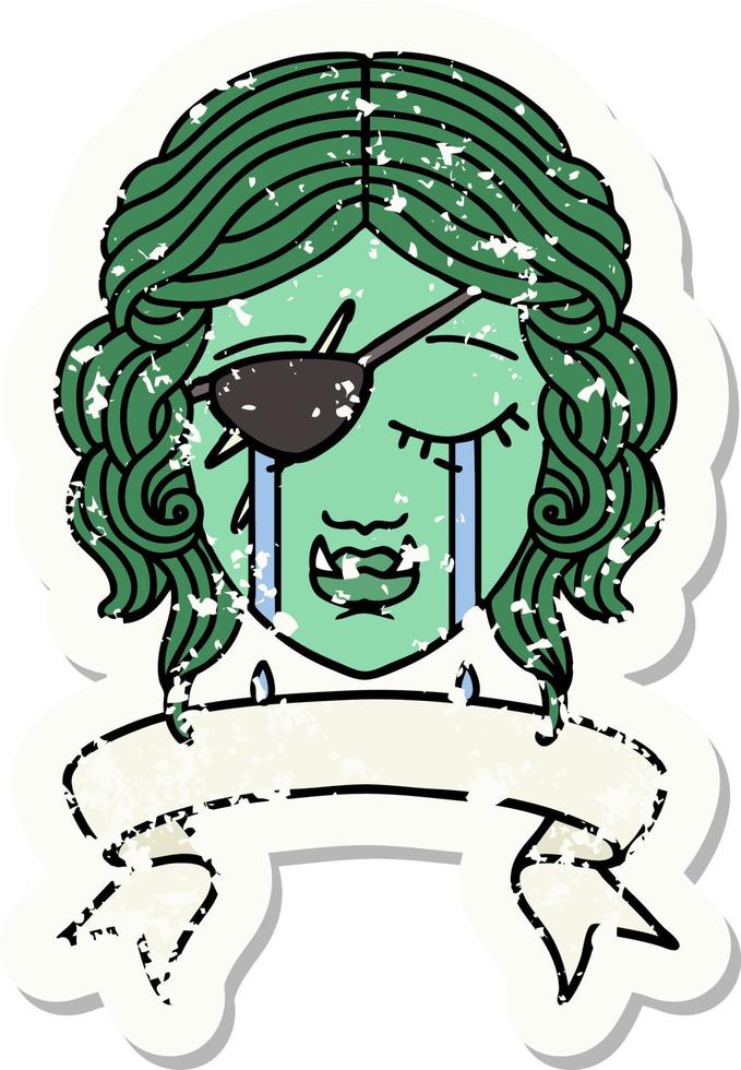 grunge sticker of a crying orc rogue character face vector