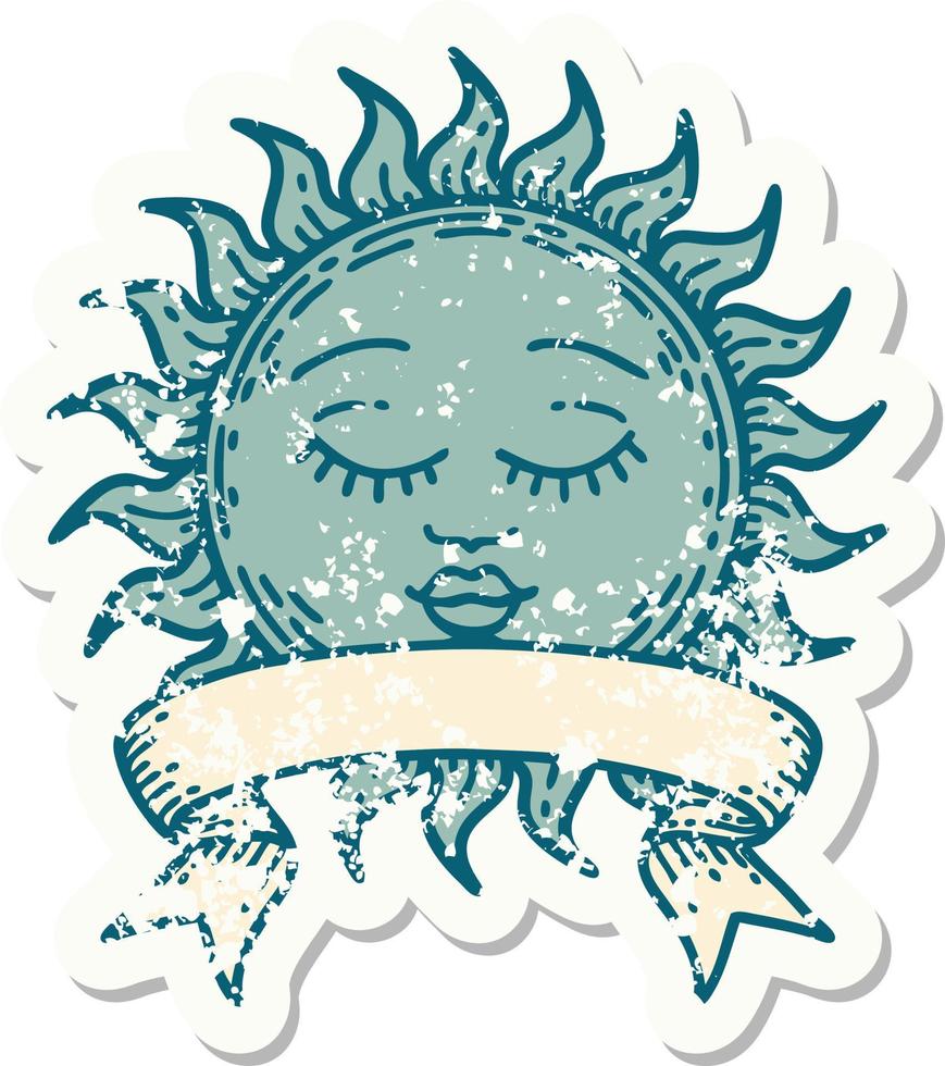 worn old sticker with banner of a sun vector