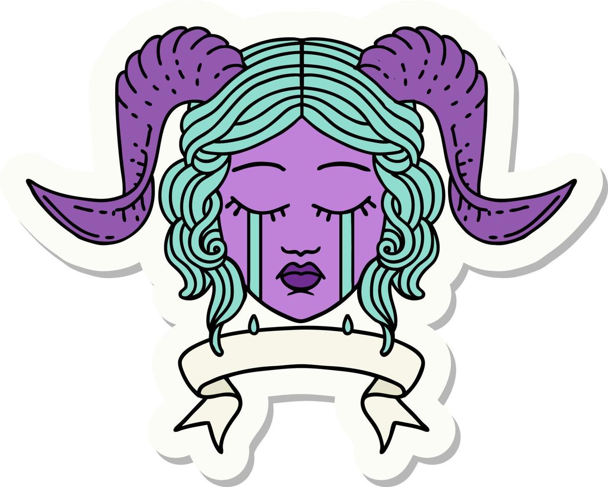 sticker of a crying tiefling character face with scroll banner vector