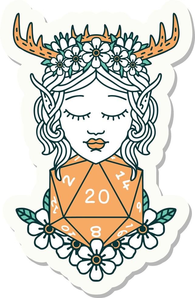 sticker of a elf druid character with nautral twenty dice roll vector
