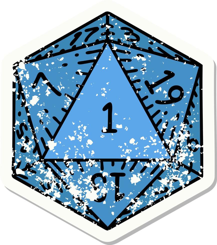 grunge sticker of a natural 1 D20 dice roll vector