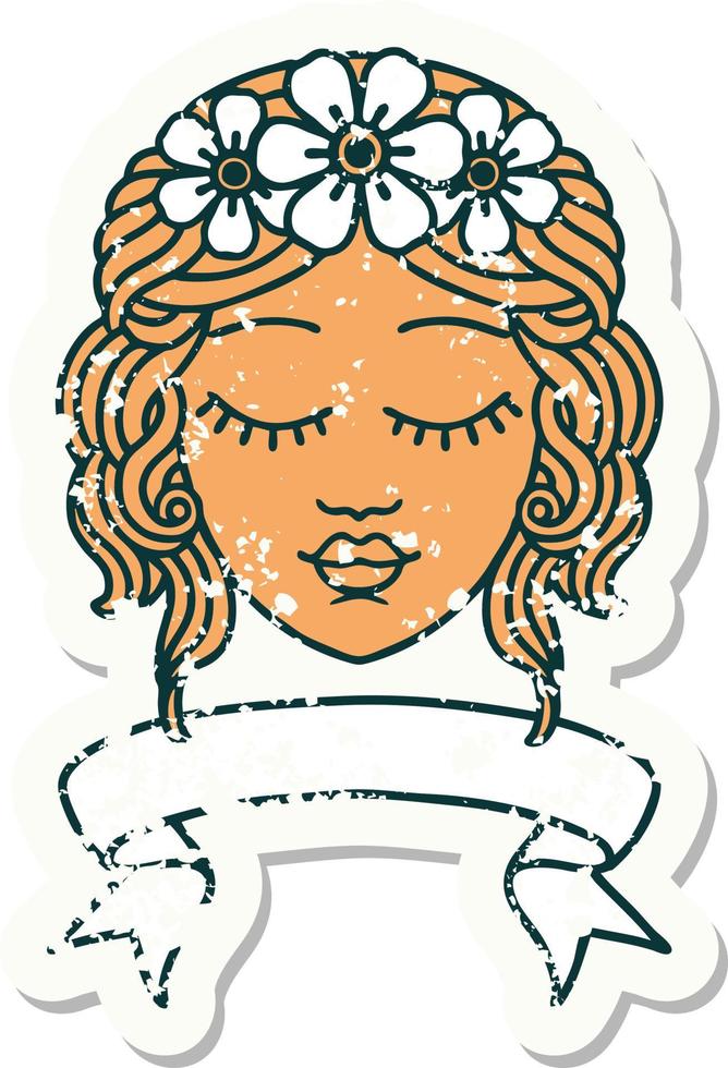 worn old sticker with banner of female face with eyes closed vector