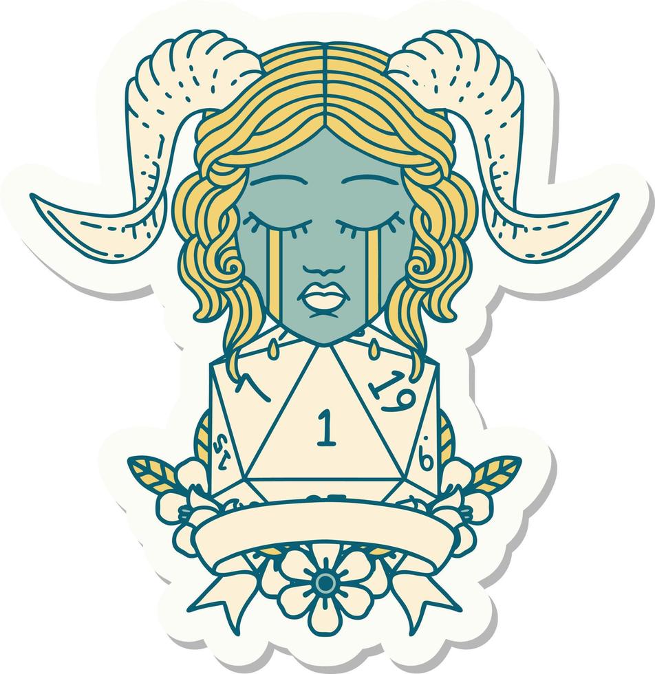 sticker of a crying tiefling face with natural 1 D20 Dice vector