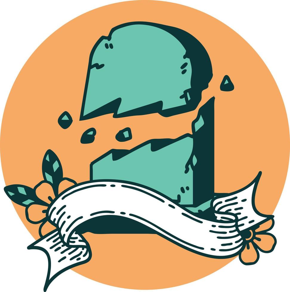 tattoo style icon with banner of a broken grave stone vector