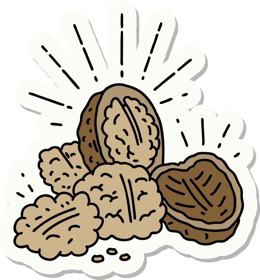 sticker of a tattoo style walnuts with shell vector