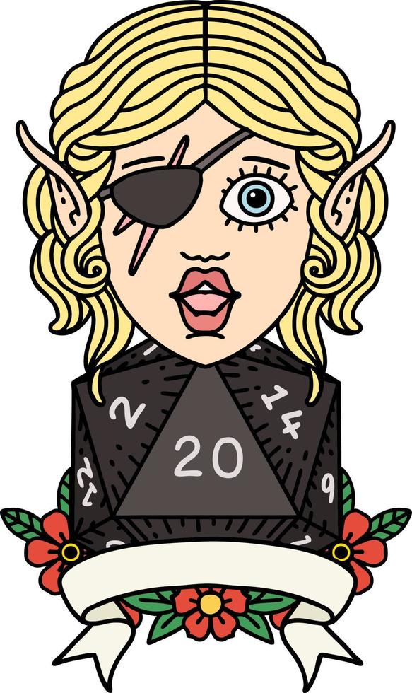 Retro Tattoo Style elf rogue character with natural twenty dice roll vector