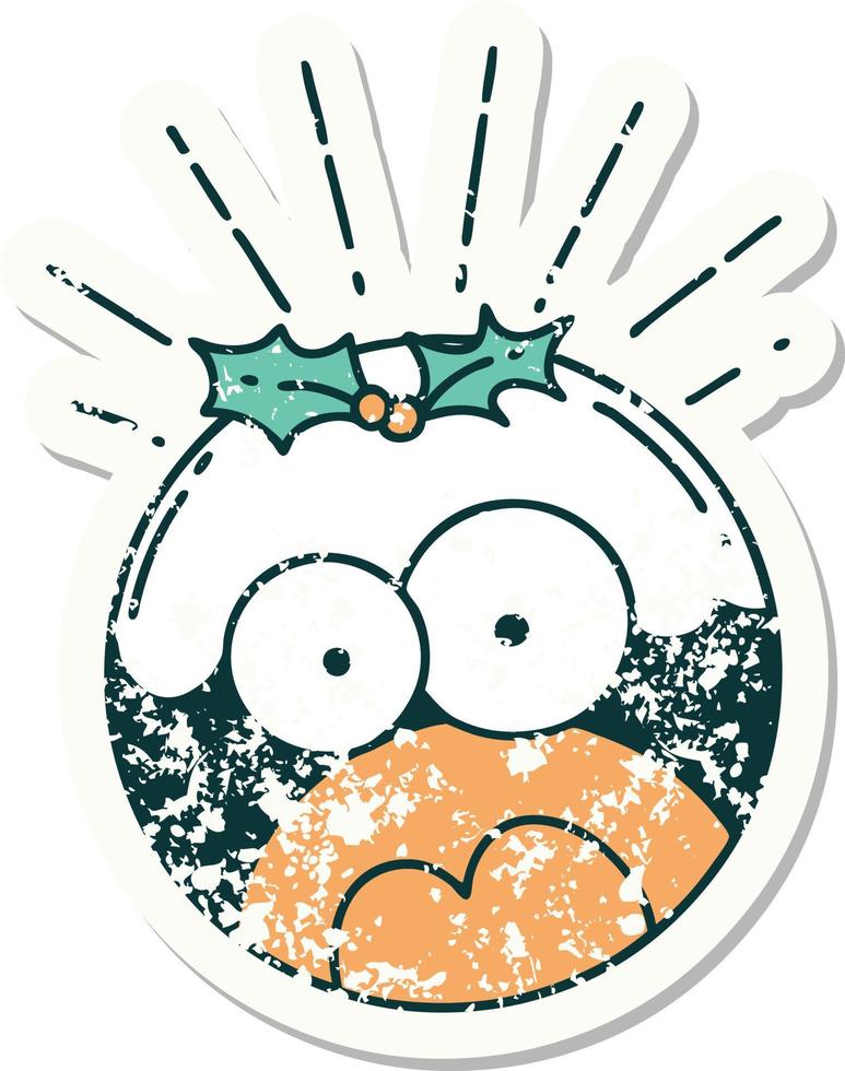 worn old sticker of a tattoo style shocked christmas pudding vector