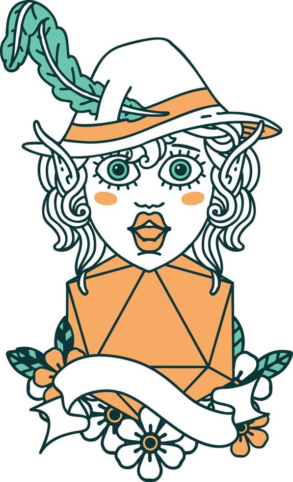 Retro Tattoo Style elf bard character with natural twenty vector