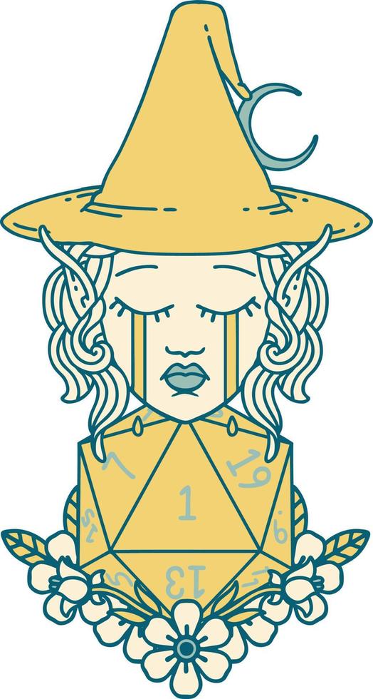 Retro Tattoo Style crying elf witch with natural one D20 roll vector