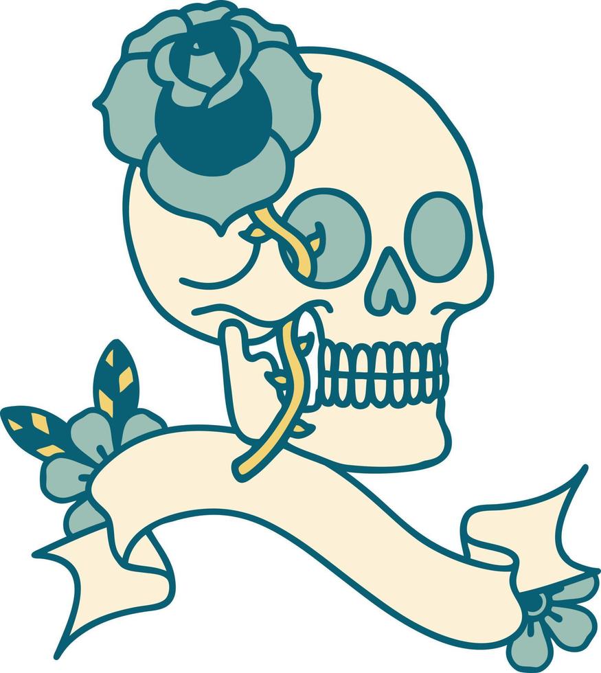 traditional tattoo with banner of a skull and rose vector