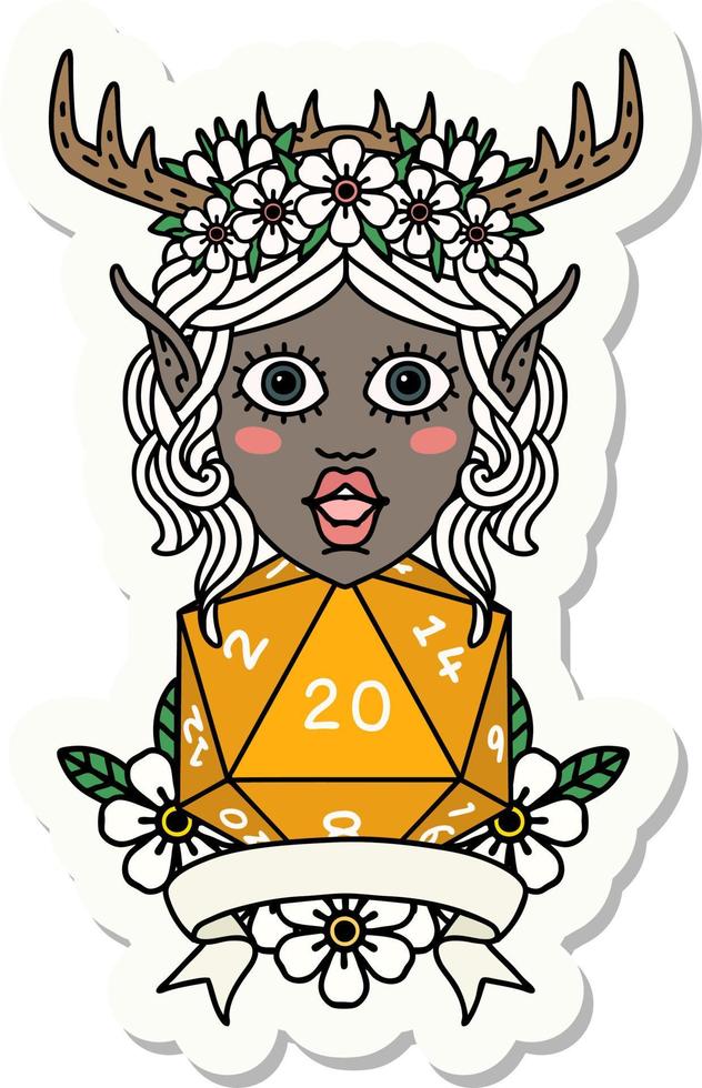 sticker of a elf druid character with natural 20 dice roll vector