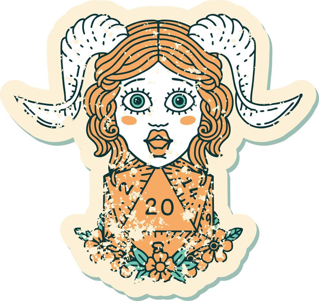 grunge sticker of a tiefling with D20 natural twenty dice roll vector