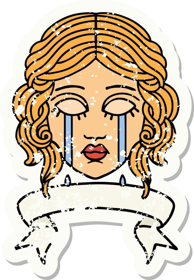 worn old sticker with banner of female face crying vector