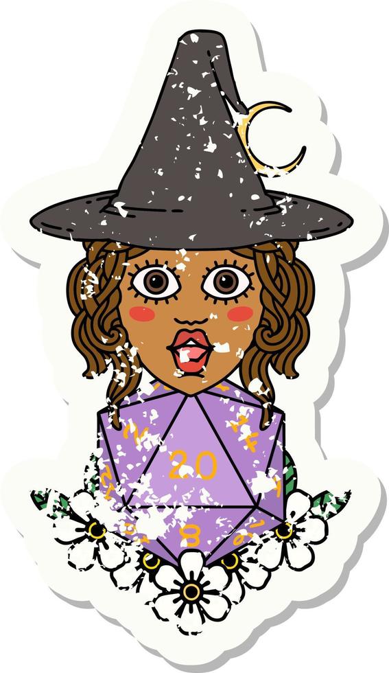 Retro Tattoo Style human witch with natural twenty dice roll vector
