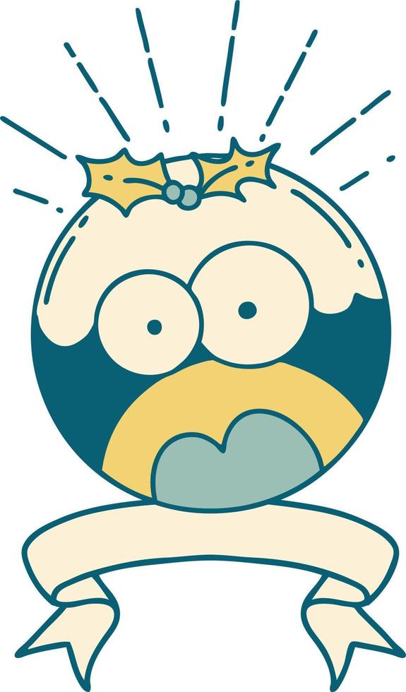 scroll banner with tattoo style shocked christmas pudding vector