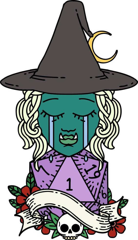 Retro Tattoo Style crying half orc witch character face with natural one d20 dice roll vector