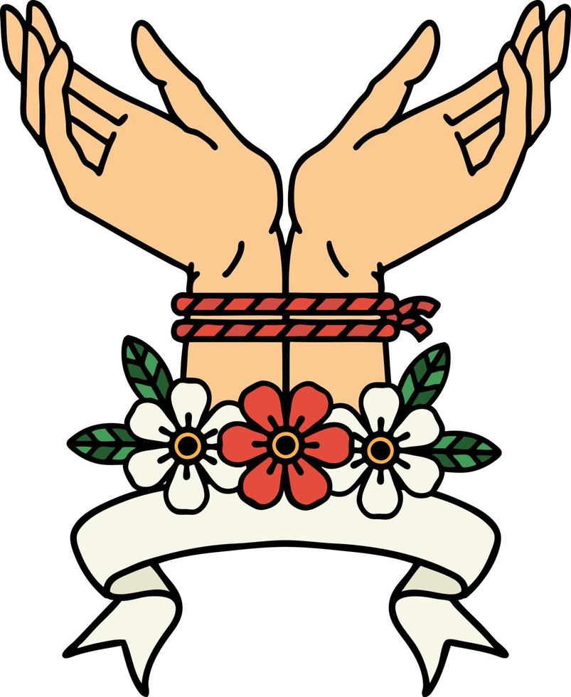 tatuaje tradicional con pancarta de manos atadas vector