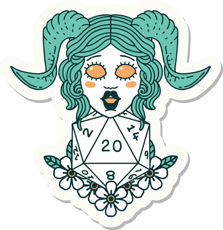 sticker of a tiefling with natural twenty dice roll vector