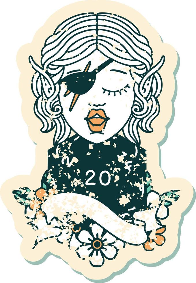 Retro Tattoo Style elf rogue character with natural twenty dice roll vector
