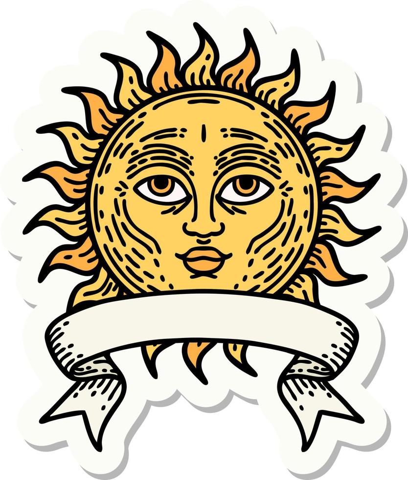 tattoo style sticker with banner of a sun with face vector