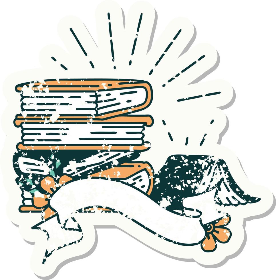 worn old sticker of a tattoo style stack of books vector