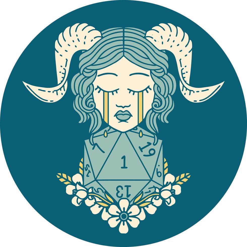 icon of crying tiefling with natural one D20 dice roll vector