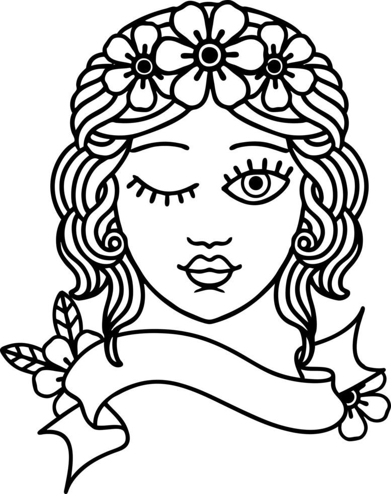 traditional black linework tattoo with banner of a maidens face winking vector