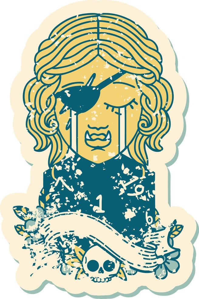Retro Tattoo Style crying orc rogue character face with natural one D20 roll vector