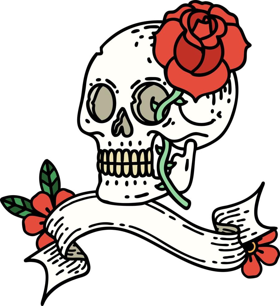 tatuaje tradicional con pancarta de calavera y rosa vector