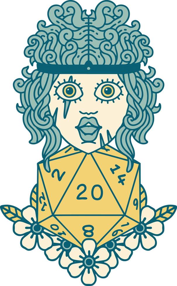 Retro Tattoo Style human barbarian with natural twenty dice roll vector