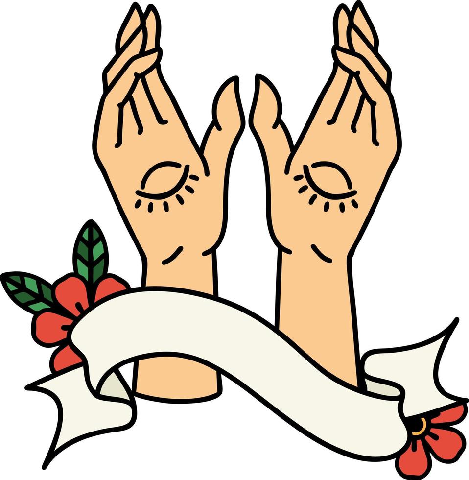 tatuaje tradicional con pancarta de manos místicas vector