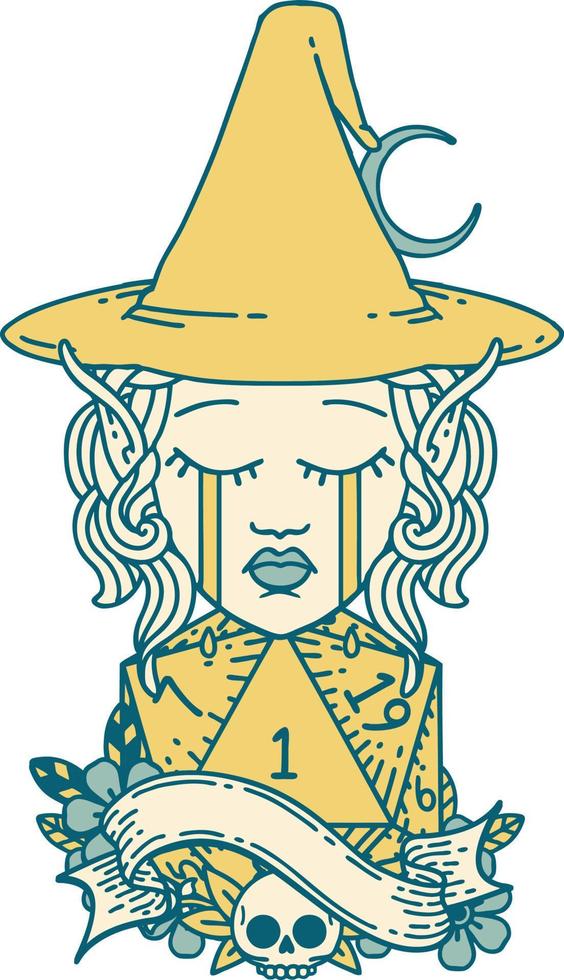 Retro Tattoo Style crying elf mage character face with natural one D20 roll vector