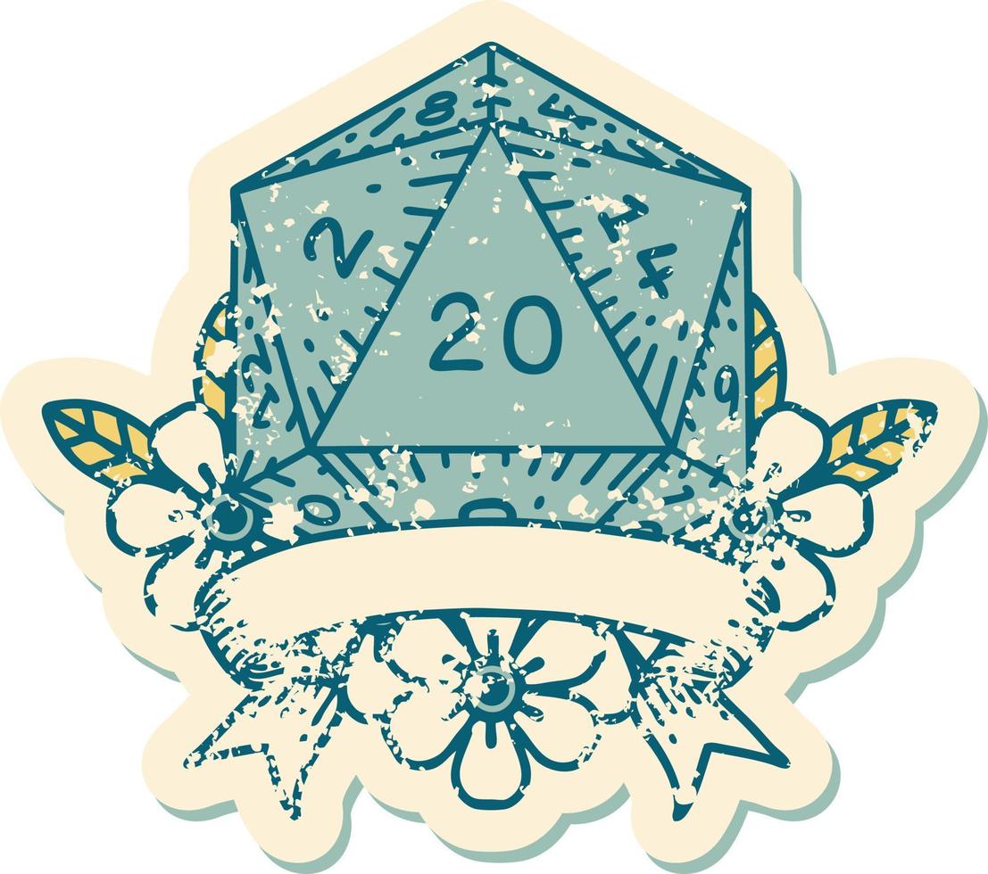 Retro Tattoo Style natural 20 critical hit D20 dice roll vector