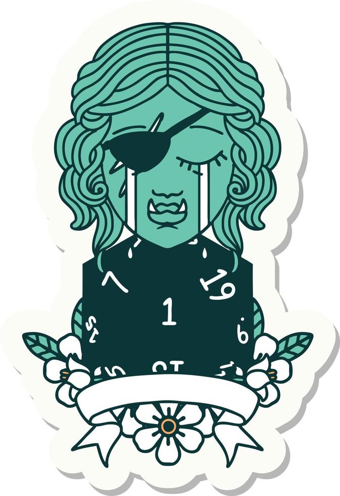 sticker of a crying orc rogue character with natural one roll vector