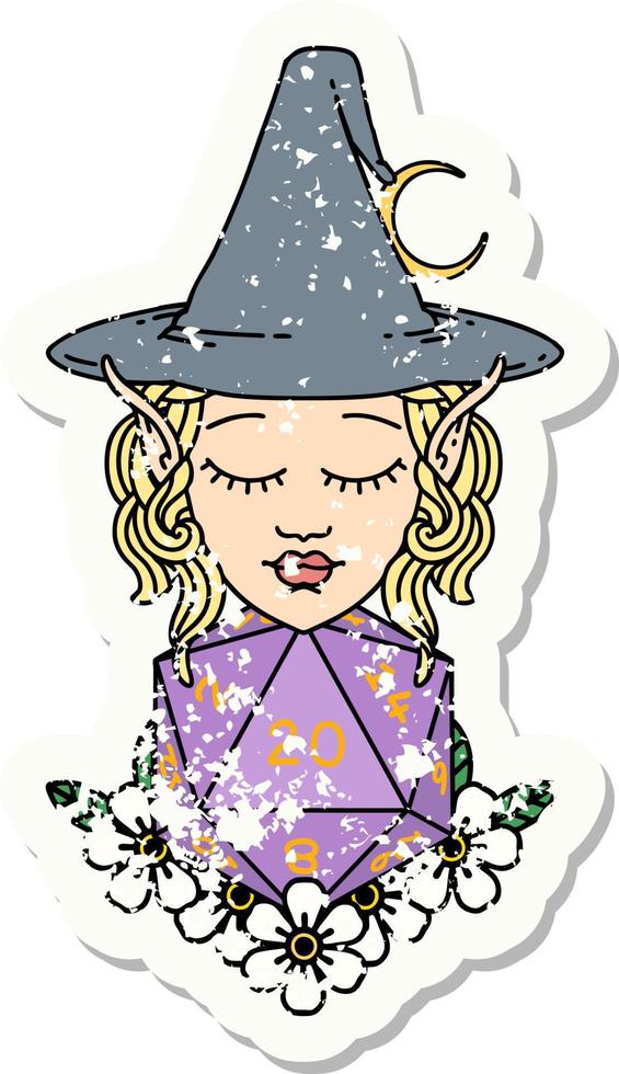 grunge sticker of a elf mage character with natural twenty dice roll vector