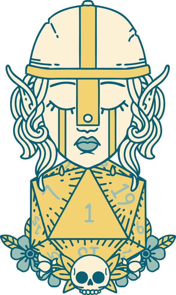 Retro Tattoo Style sad elf fighter character with natural one d20 roll vector