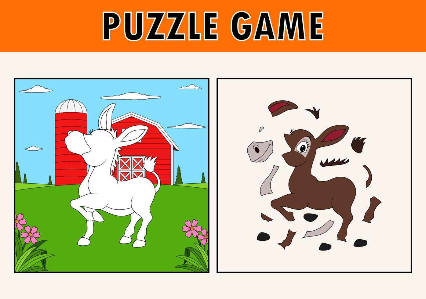 Jigsaw puzzle game with cute donkey animal vector