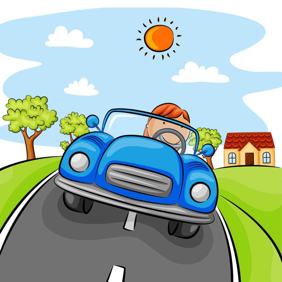 Little girl driving blue car on the street vector