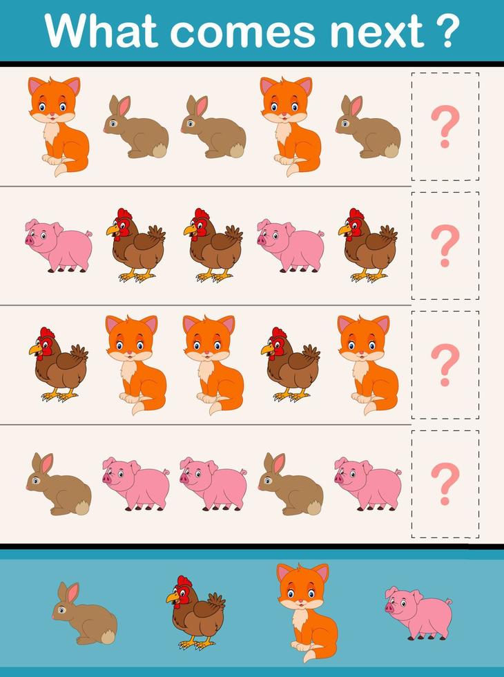 What comes next educational activity game for preschool children with farm animals vector