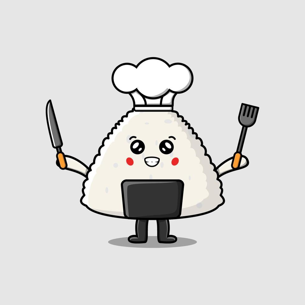 Cute cartoon sushi chef holding knife and fork vector