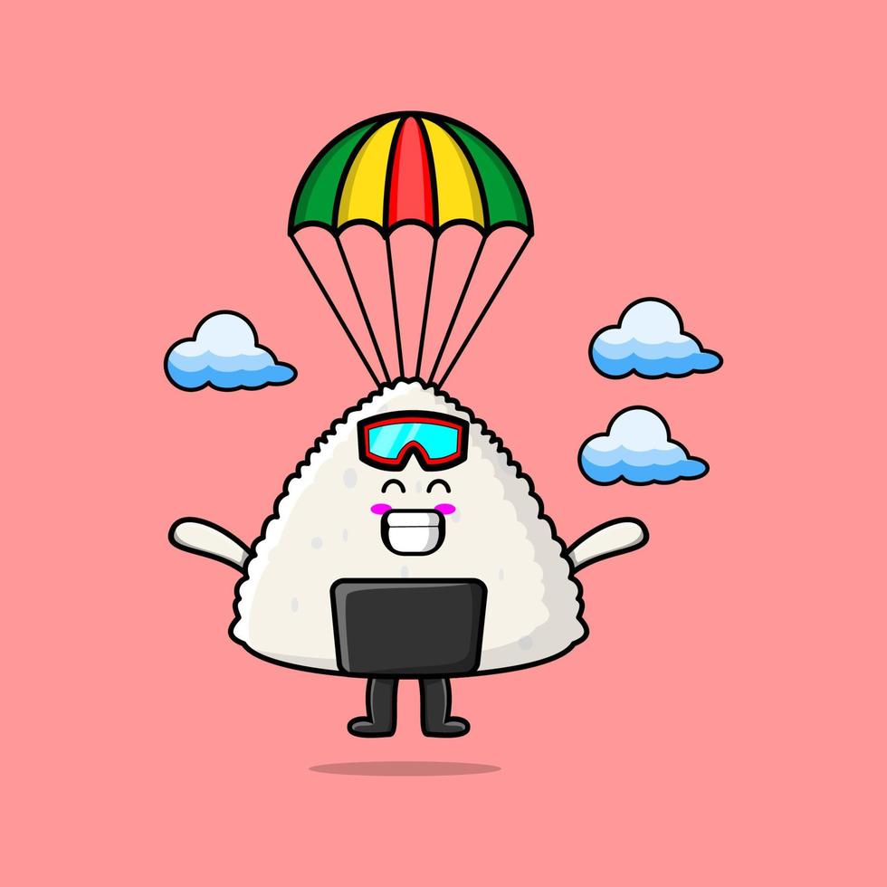 cartoon Rice japanese sushi skydive with parachute vector