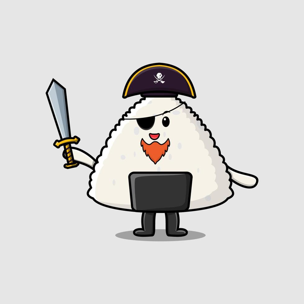 lindo personaje de pirata de sushi japonés de arroz de dibujos animados vector